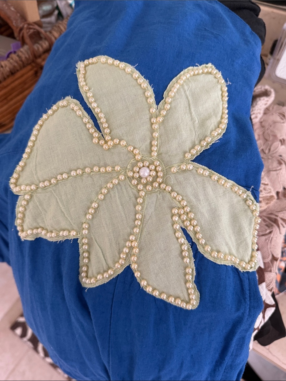 Anthropologie Blue Maxi Dress with Yellow Flower Applique - Picture 5 of 5